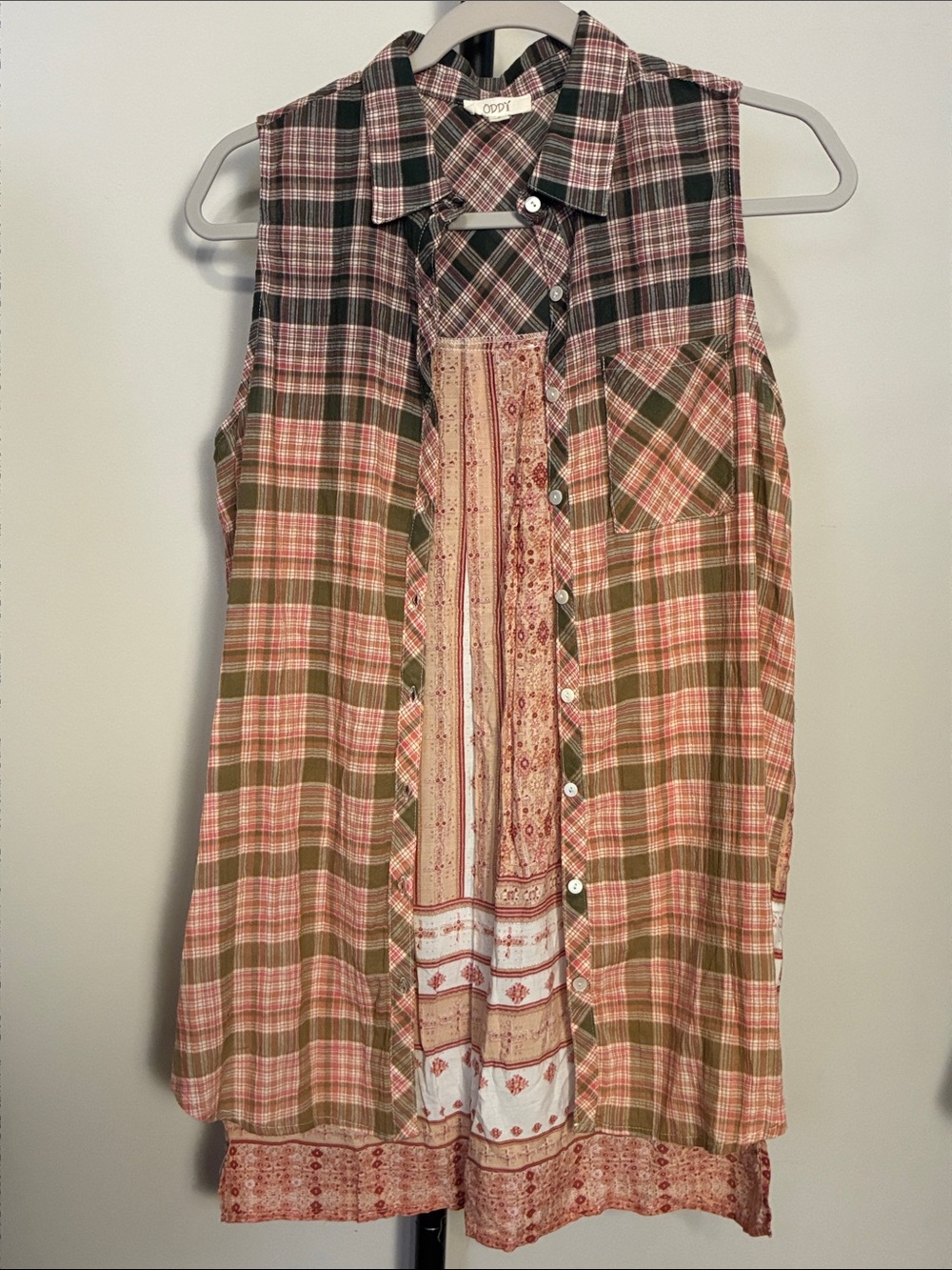 ODDY Small Olive and Pink Plaid Sleeveless Button Front Tunic with Boho Panel